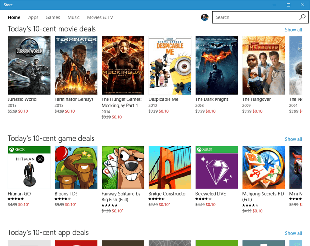 Microsoft tarjoaa 10 sentin tarjouksia sovelluksista, musiikista, peleistä ja elokuvista