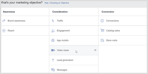Facebook Ads Managerilla on videonäkymätavoite, joka kehottaa Facebookia kohdistamaan videoita katsoviin ihmisiin.