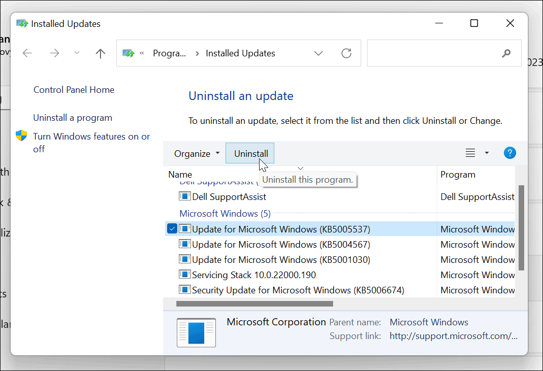 poista kumulatiivinen päivitys Windows 11