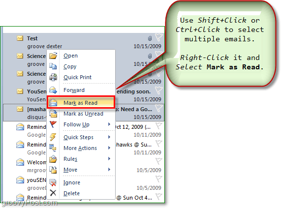 Valitse useita sähköposteja ja merkitse useita sähköposteja luketuiksi tai lukemattomiksi Outlook Office 2010: ssä