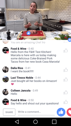 Ruoka ja viini sisältää kokin Marcela Valladolidin yhteismarkkinoinnissa Facebook Live -lähetyksessä, joka hyödyttää molempia osapuolia.