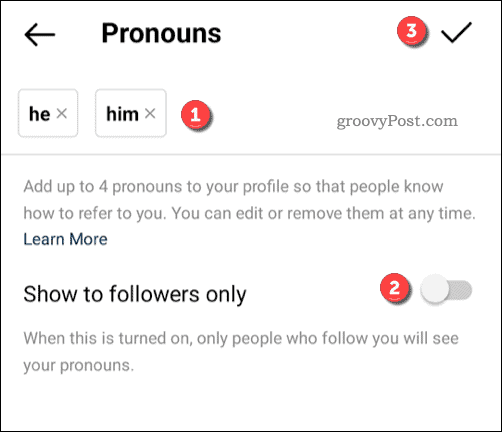 Pronominien lisääminen Instagram-profiiliin