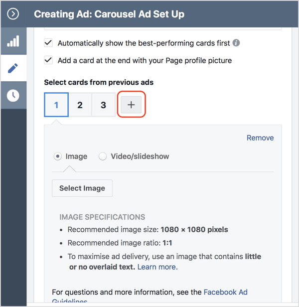 Napsauta + -kuvaketta lisätäksesi kortin Facebook-karusellimainokseesi.