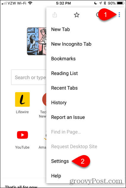 Napauta Asetukset Chrome iOS: lle