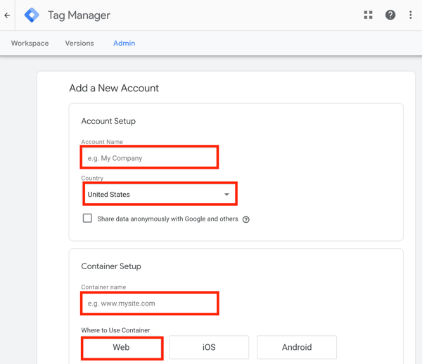 Käytä Google Tag Manageria Facebookin kanssa, askel 1, lisää uusi Google Tag Manager -tili