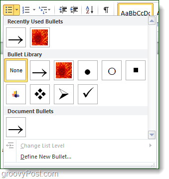 microsoft Word 2010 bullet -kirjasto