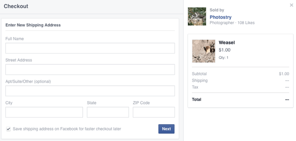 asiakas antaa toimitustiedot ensimmäistä facebook-ostosta varten