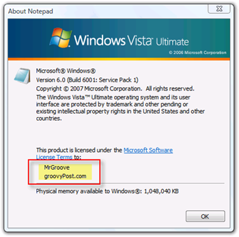 Näytön omistaja ja organisaatio Windows Vistalle
