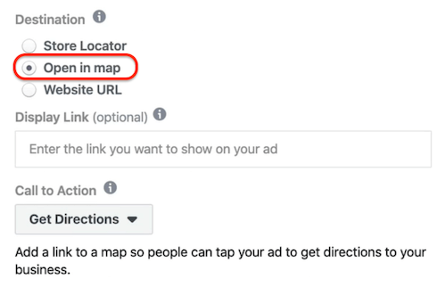 Avaa karttavaihtoehdolla, joka on valittu mainostasolla Facebook Ads Managerissa