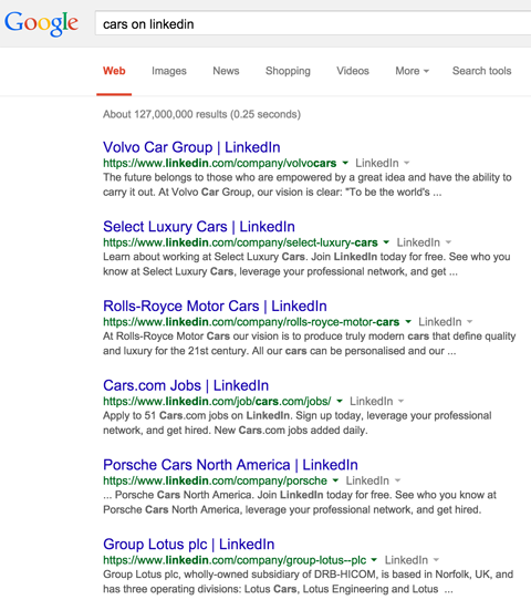 linkedin-yrityssivu johtaa Googlen hakutuloksiin autojen luettelossa