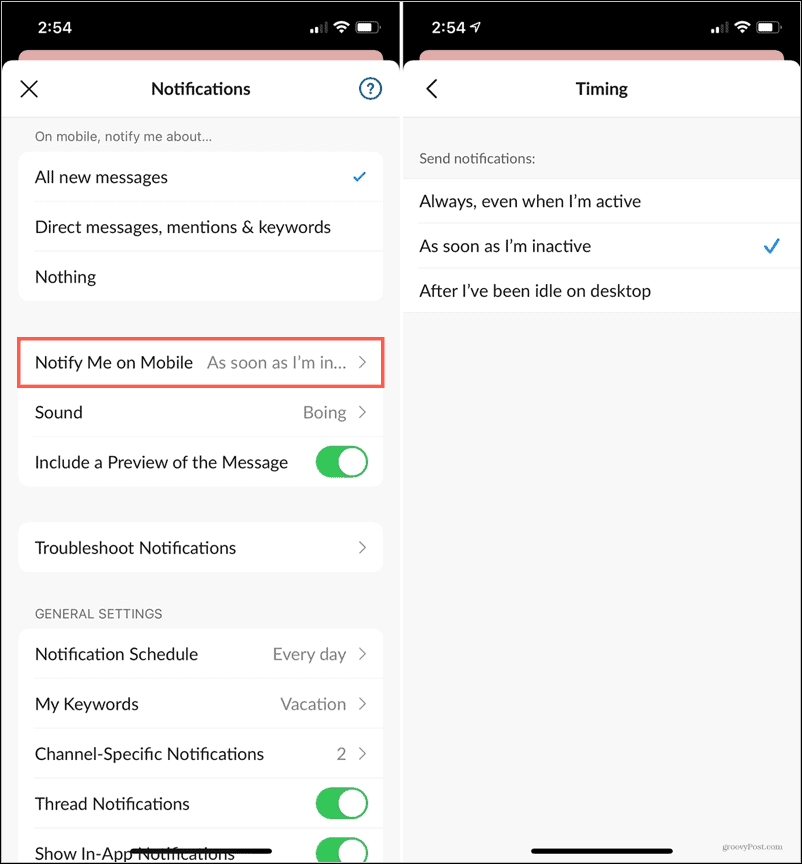 Ilmoituksen tyhjäkäynnin ajoitus Slack Mobilessa