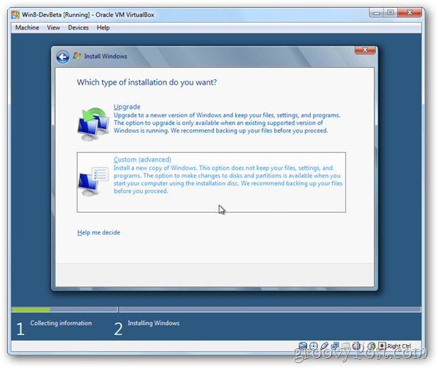VirtualBox Windows 8 valitse mukautettu asennus