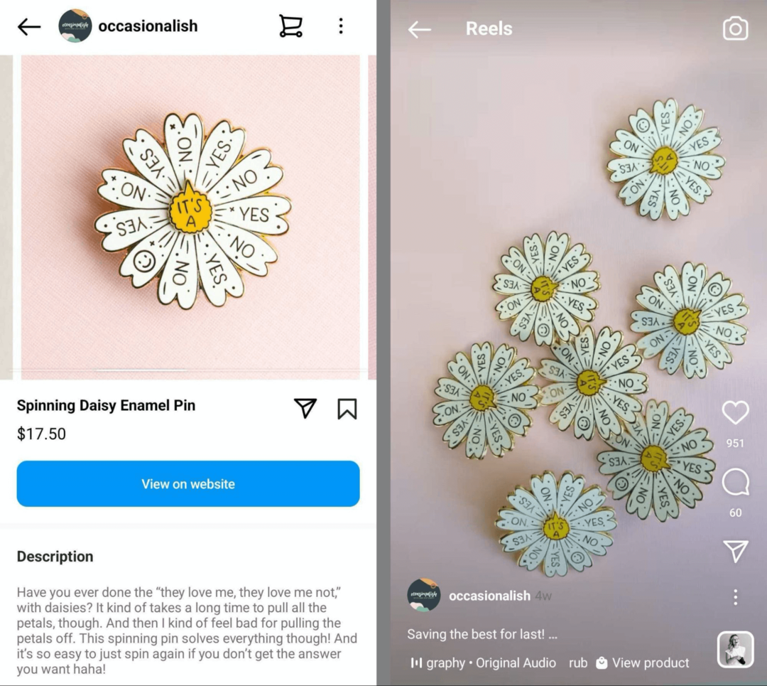 kuva samasta tuotteesta Instagram-kaupassa ja Instagram-rullassa