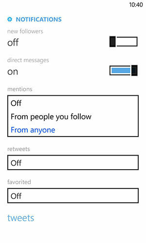 Windows Phone Twitter -ilmoitusasetukset
