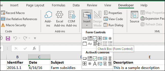 lisää valintaruutu kehittäjä Excel