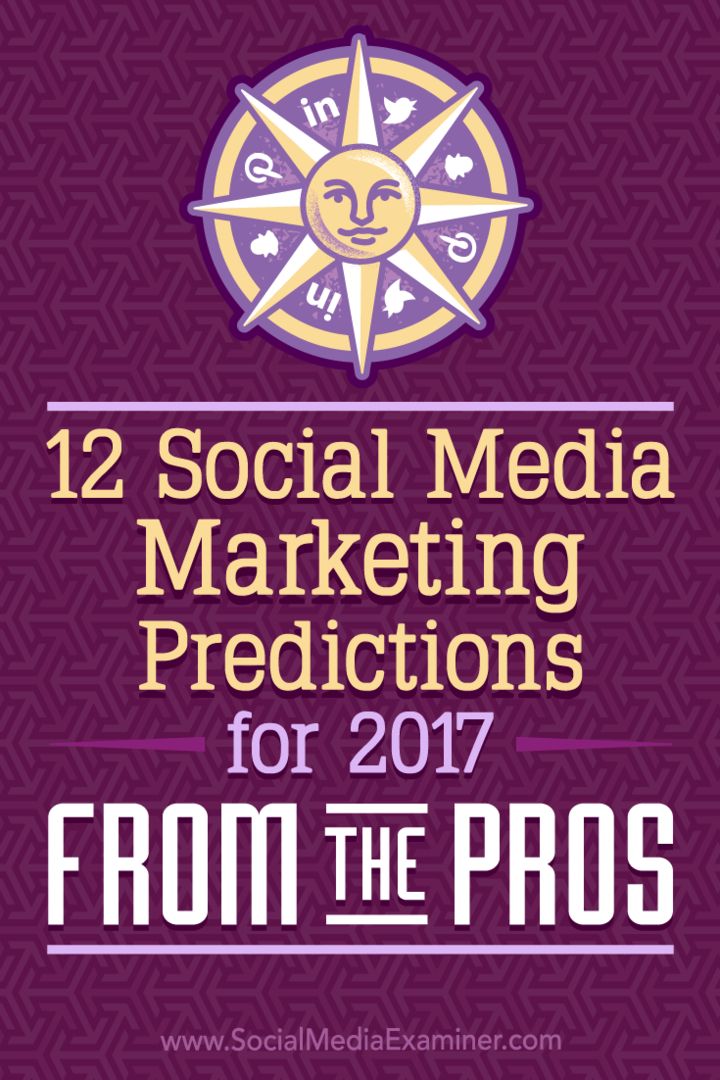 12 sosiaalisen median markkinoinnin ennustetta vuodelle 2017 ammattilaisilta, kirjoittanut: Lisa D. Jenkins sosiaalisen median tutkijasta.