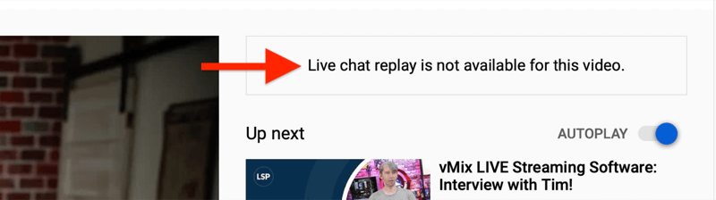 huomautus leikatusta YouTube-videosta, että live-chat-toisto ei ole käytettävissä