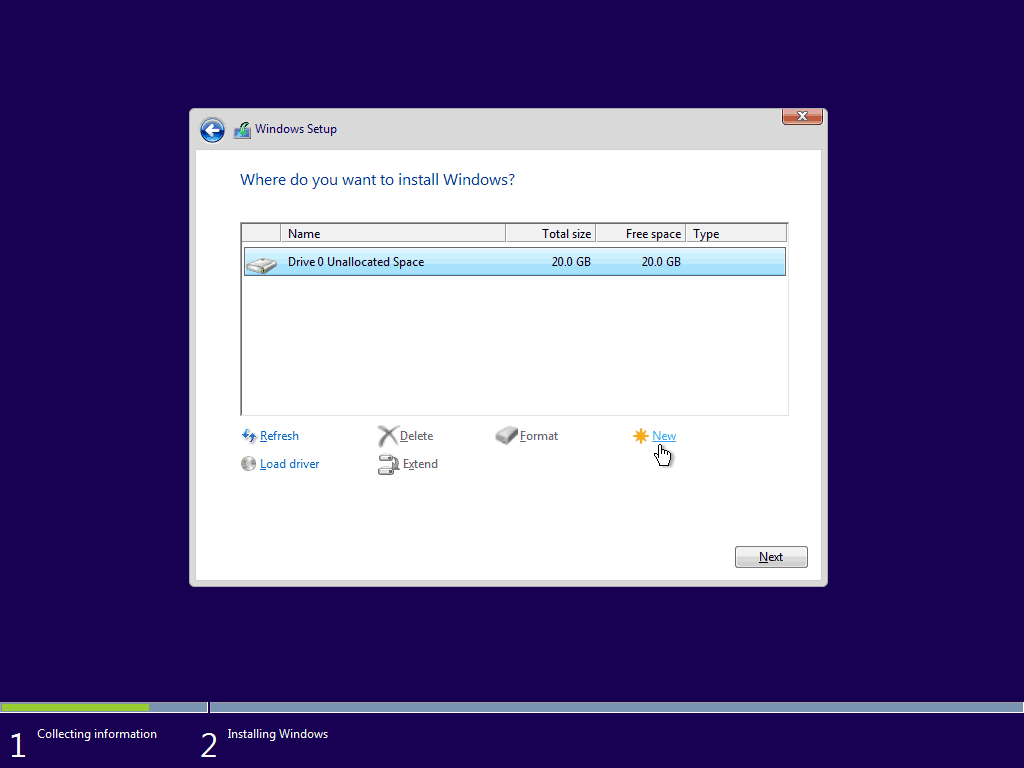 07 Luo uusi osio kohdistamattomasta tilasta 5 Windows 10 Clean Install
