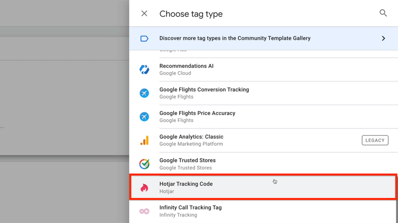 uusi google tag manager -tagi, jossa tag-tyypin valikkovaihtoehdot ja korostettu hotjar-seurantakoodi