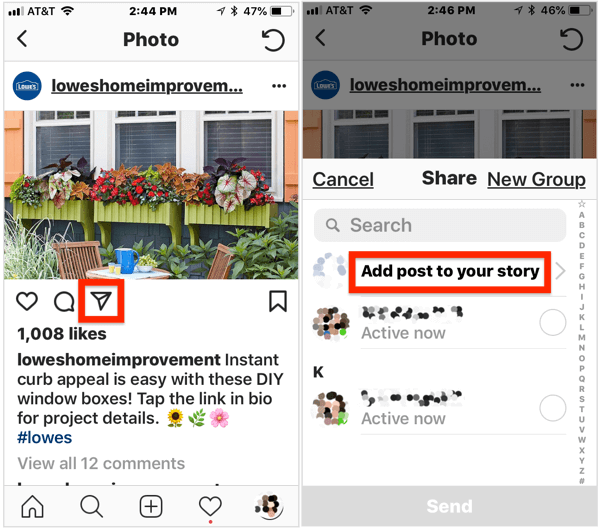Jos haluat lisätä julkisen viestin Instagram-tarinasi, avaa viesti, napauta lentokonekuvaketta kuvan alla ja valitse sitten ponnahdusvalikosta Lisää viesti tarinaan.