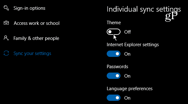 Windows 10 Yksittäiset synkronointiasetukset