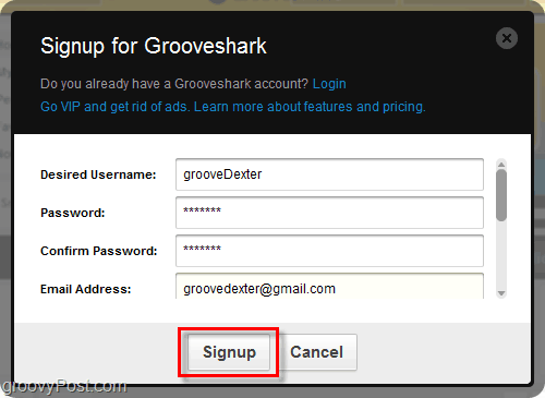 Grooveshark -rekisteröintiprosessi