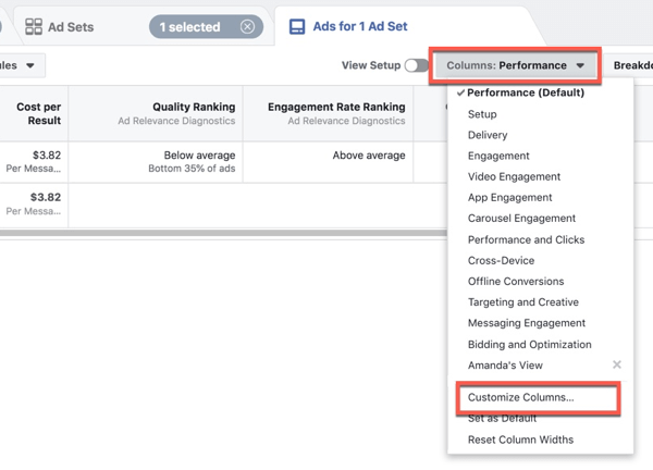 Facebook Ads Managerin mukauttaminen sarakkeiden mukauttamiseksi.