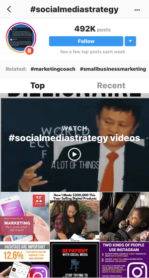 Kuinka kasvattaa Instagramiasi strategisesti, vaihe 11, etsi asiaankuuluvia esimerkkiviestejä, näytehaku “#socialmediastrategy” -videoista