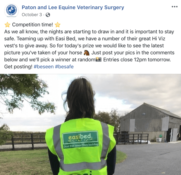 Esimerkki Facebook-viestistä, jossa kilpailevat Paton ja Lee Equine Veterinary Surger.