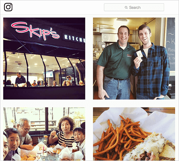 Tämä on kuvakaappaus Instagram-valokuvista, jotka on merkitty #skipsdiner. Yksi näyttää ravintolan ulkopinnan, yksi näyttää miehen, jolla on kortti ikään kuin hän olisi voittanut Joker-pelin, yksi näyttää perheen syömässä pöydässä ja yksi näyttää jonkun tilaaman ruoan. Jay Baer sanoo, että Joker-peli on esimerkki puhelun laukaisusta.