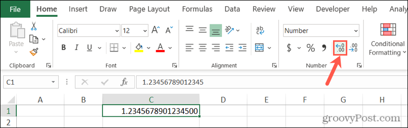 Lopeta Excel-numeroiden pyöristäminen Lisää desimaalipainikkeella