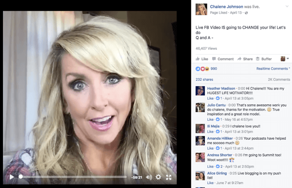 Facebook Live -video Chalene Johnsonilta.