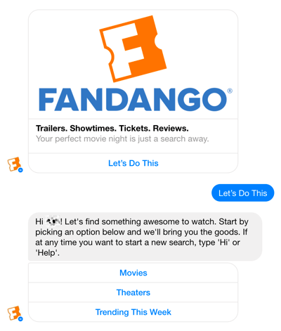 Fandangon Facebook Messenger -keskustelurobotti auttaa ohjaamaan käyttäjiä elokuvavalintojen läpi.