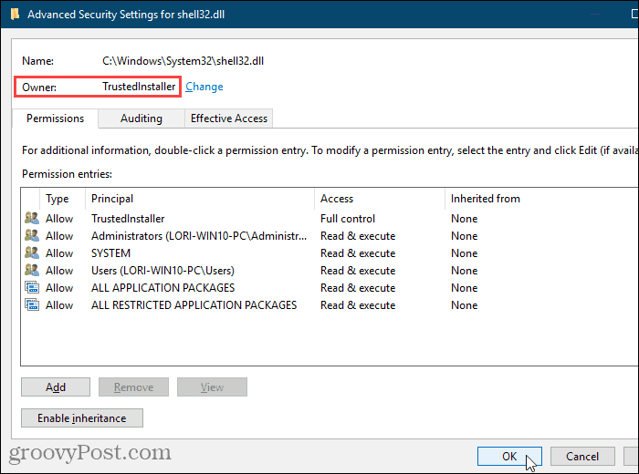Sulje Advanced Security Settings -valintaikkuna Windowsin rekisterieditorissa