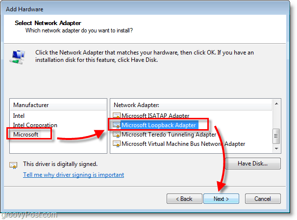 Windows 7 -verkkosivunäyttö valitse microsoft> microsoft loopback adapter