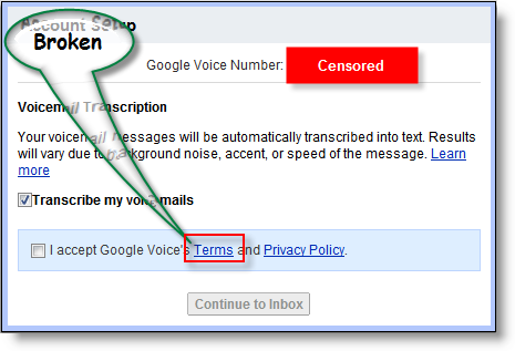 Google Voicen käyttöehtojen linkki on katkennut