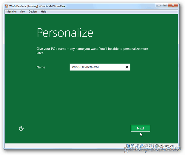 VirtualBox Windows 8 mukauttaa asennustietokoneen nimeä