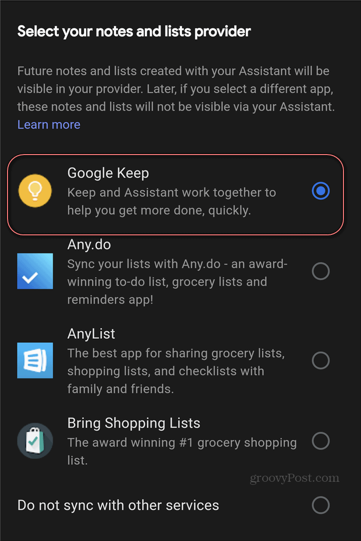 Google Assistant Google Keepin asetustietojen tarjoaja