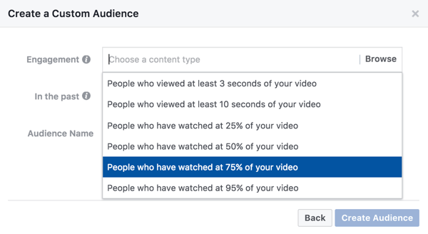 Jos haluat käyttää videosisältöön perustuvaa mukautettua yleisöä, voit valita, kuinka suuren osan videostasi jonkun on katsottava nähdäkseen uudelleenkohdistusmainoksesi.