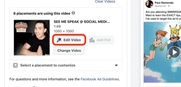 Muokkaa videota -vaihtoehto Facebook-videomainokselle