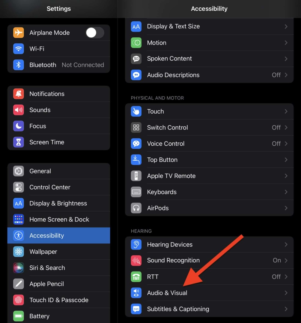 Valitse Audio & Visual iPadin esteettömyysasetuksista