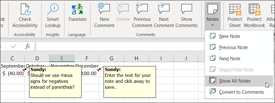 Näytä kaikki muistiinpanot Excelissä