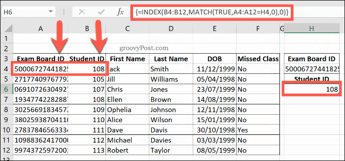 Esimerkki yhdistetystä INDEX- ja MATCH-kaavasta Excelissä