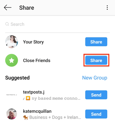 Napauta Jaa-painiketta, jos haluat jakaa Instagram-tarinasi Sulje ystävä -luettelosi kanssa.
