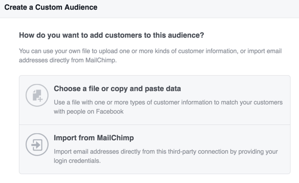 Valitse, kuinka haluat ladata asiakastiedot, jotta voit luoda mukautetun Facebook-yleisön.