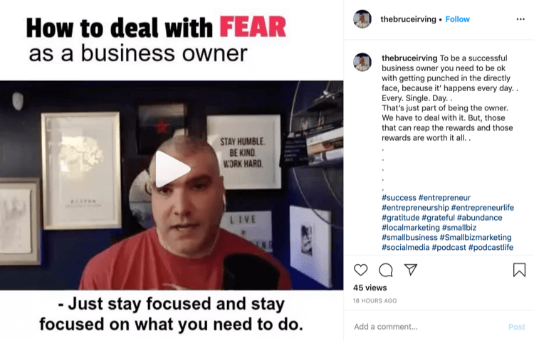 Bruce Irving Instagram-viesti siitä, miten käsitellä pelkoa yrityksen omistajana