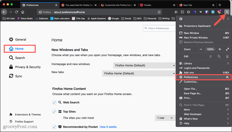 Firefox-asetusten kotisivu Macissa