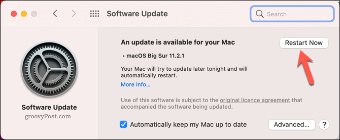 Käynnistä Mac uudelleen käynnistääksesi järjestelmän päivityksen