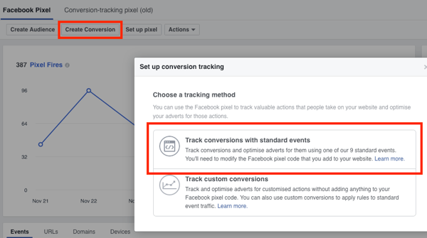 Valitse Seuraa konversioita vakiotapahtumilla -vaihtoehto Facebook-konversioseurannalle.