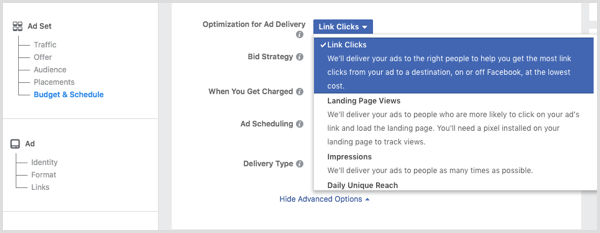 Kun olet määrittänyt Facebook-mainoksesi, valitse avattavasta Optimointi mainosten jakelulle linkkiklikkaukset.